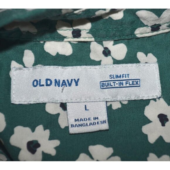 Old Navy Button Shirt Men’s L Green Floral Built In Flex Slim Fit Cotton Beach - Picture 6 of 8